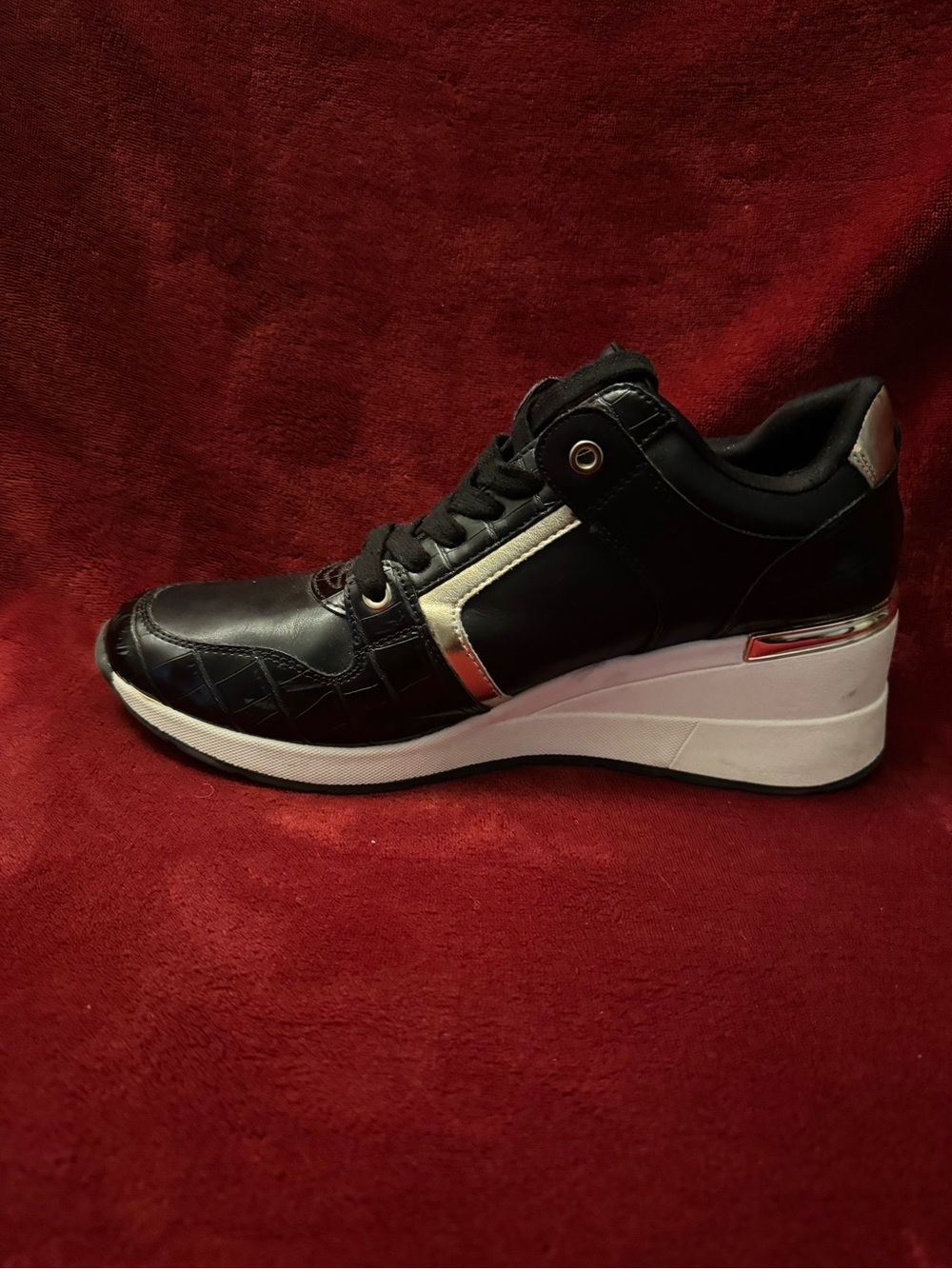 Aldo Black Wedge Athletic Sneaker with Gold Accents